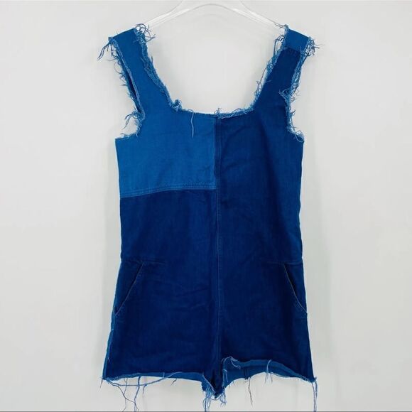 NEW Zara Size Small Denim Patchwork Raw Hem Nona Sleeveless Overall Romper - Picture 1 of 9